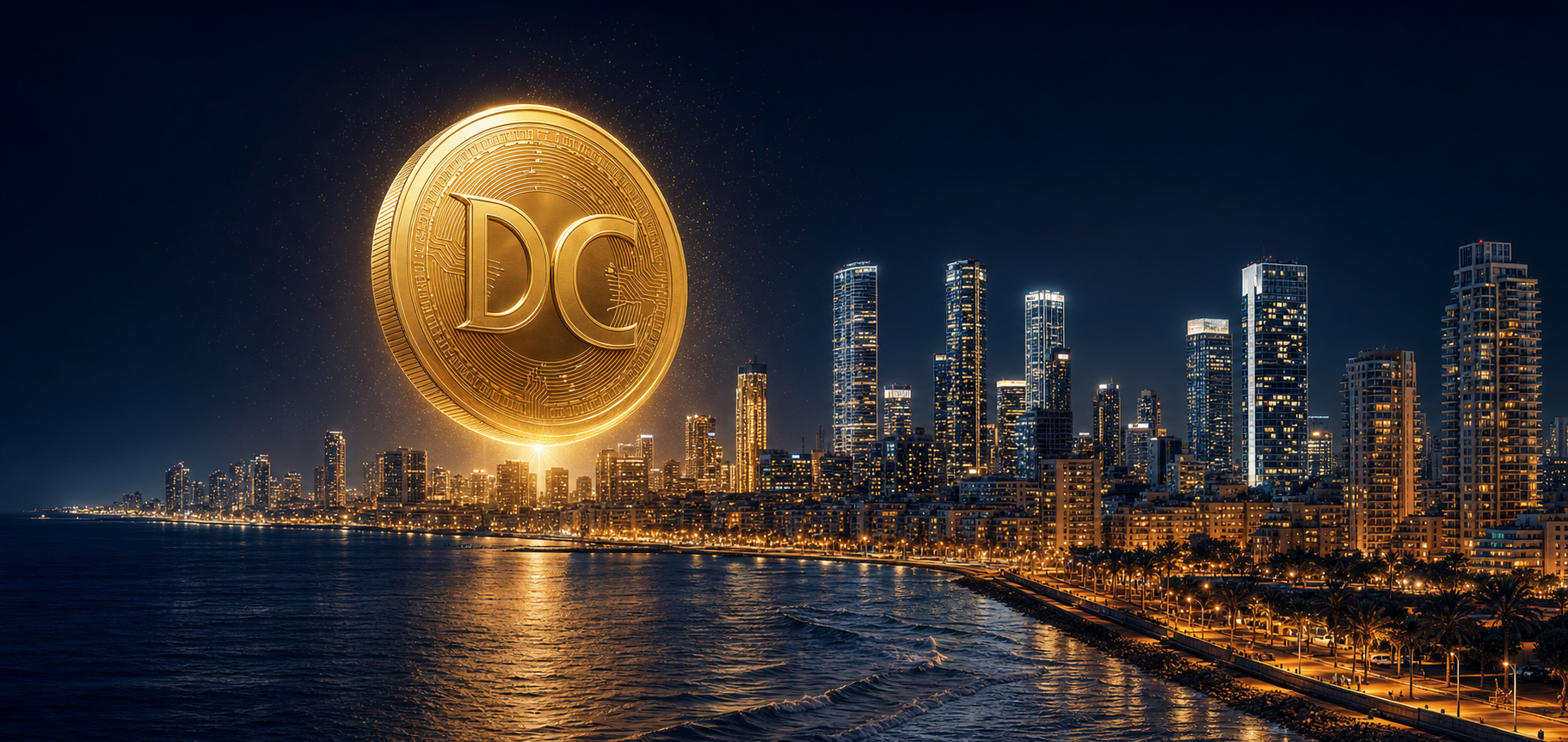 Deutsch Capital — DC coin over Tel Aviv skyline at night